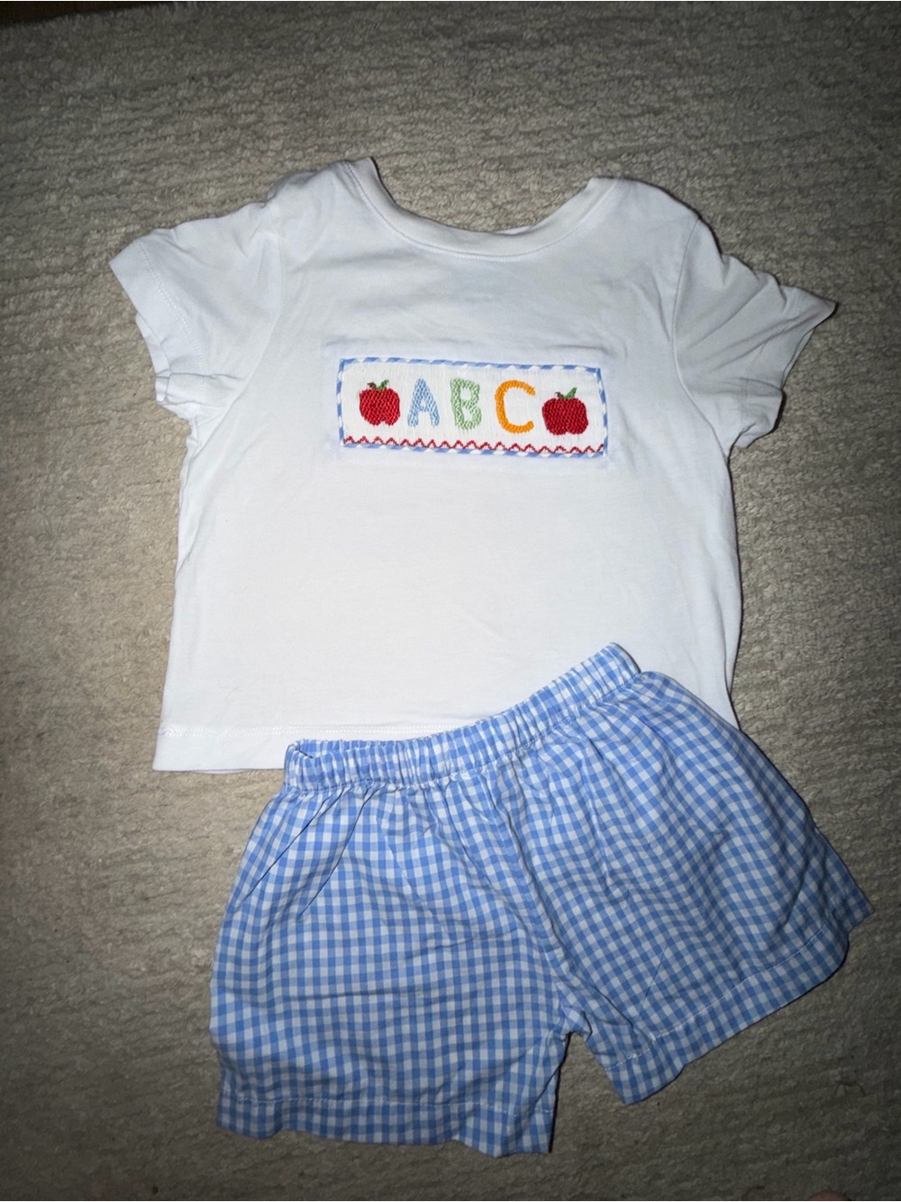 Girls White ABC Embroidered Short Sleeve Pajama Set with Blue Gingham Shorts